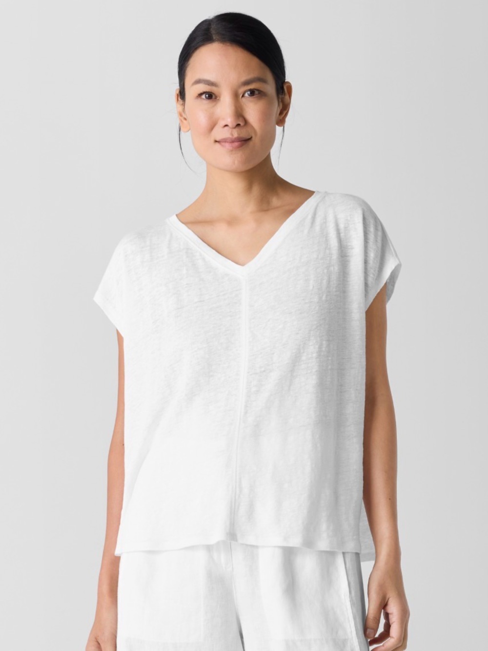 Eileen Fisher Organic Linen Jersey V-Neck Tee White Size Medium